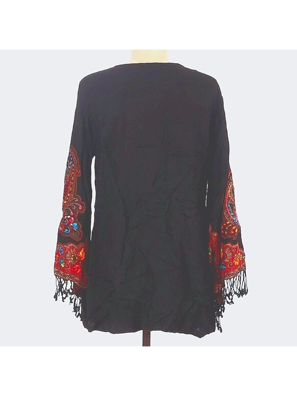 Boho Avani del amour Tunic with colorful Embroidered bell sleeves & fringe NWT - Picture 2 of 5